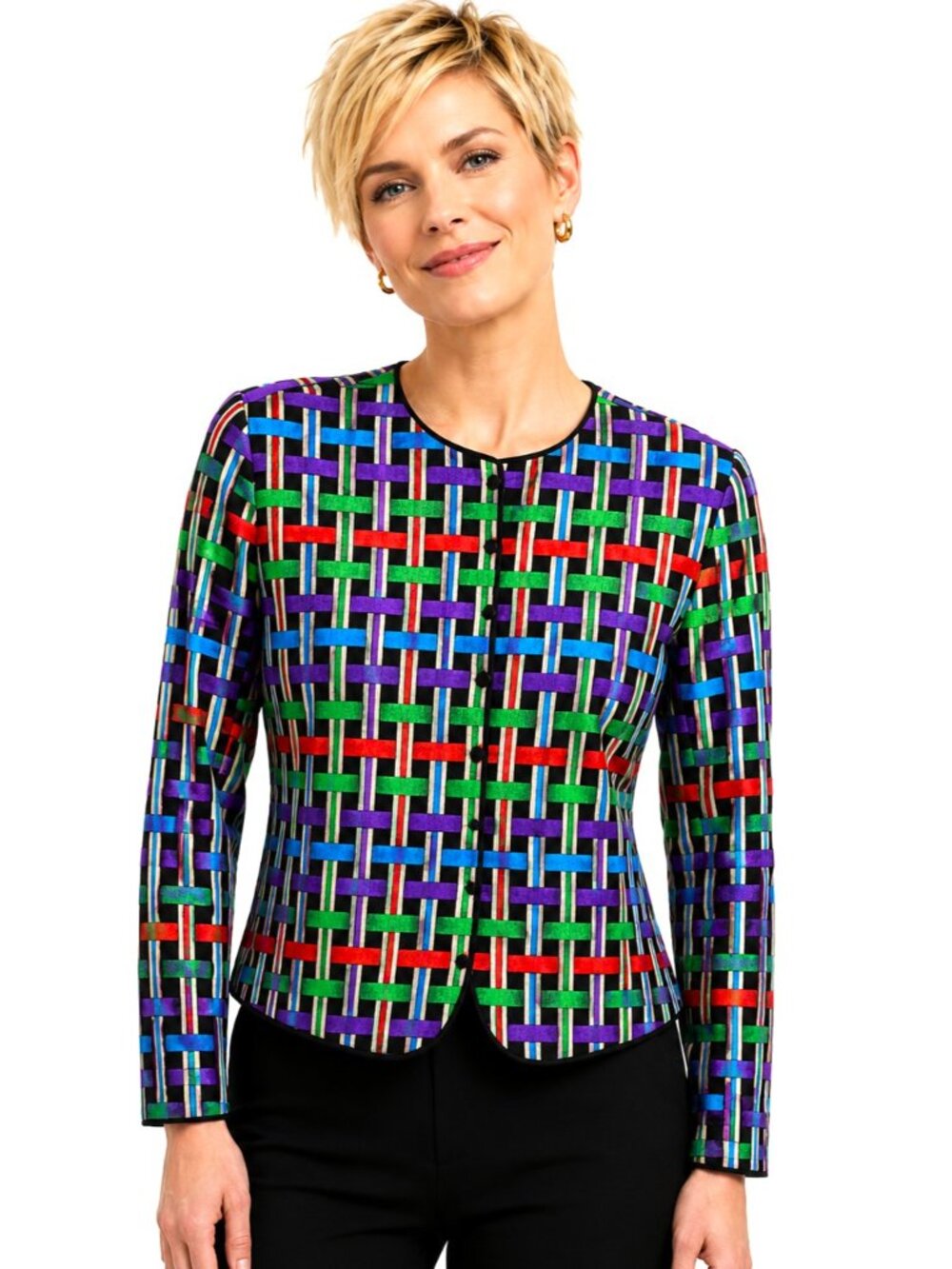 Vintage Adrianna Papell Multicolor Jewel Tone Ribbon Print Silk Jacket